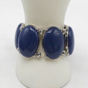 Vintage Style Blue Acrylic Stretch Bracelet With Silver Tone Accents